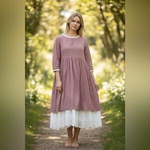 Red Gingham Long Dress with Lace Hem, put to pit 20", length 44"